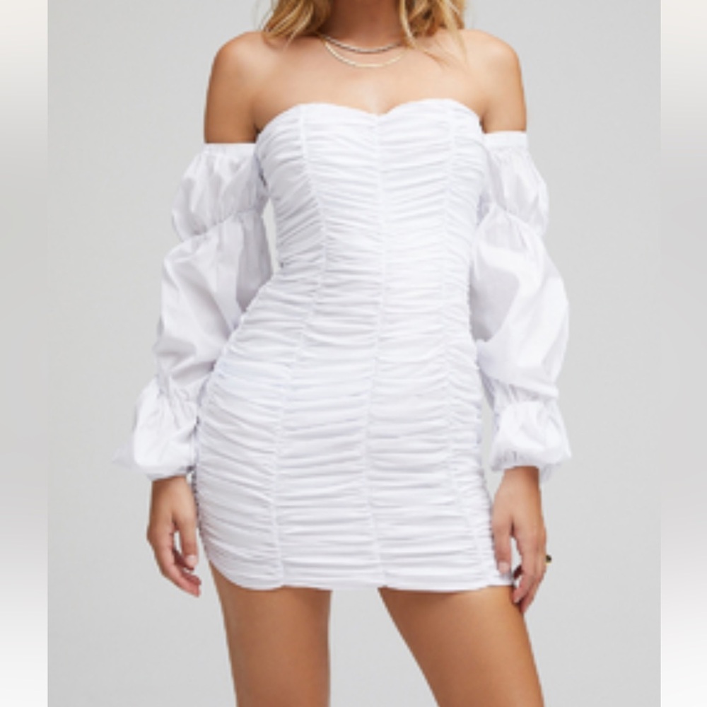 House of CB X Mistress Rocks Cross My Mind Off Shoulder Ruched Mini Dress